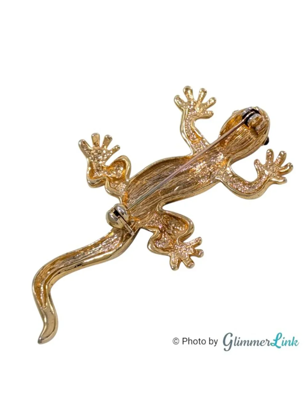 Vintage Gold Tone Gecko Lizard Brooch Clear Rhinestones Black Eyes